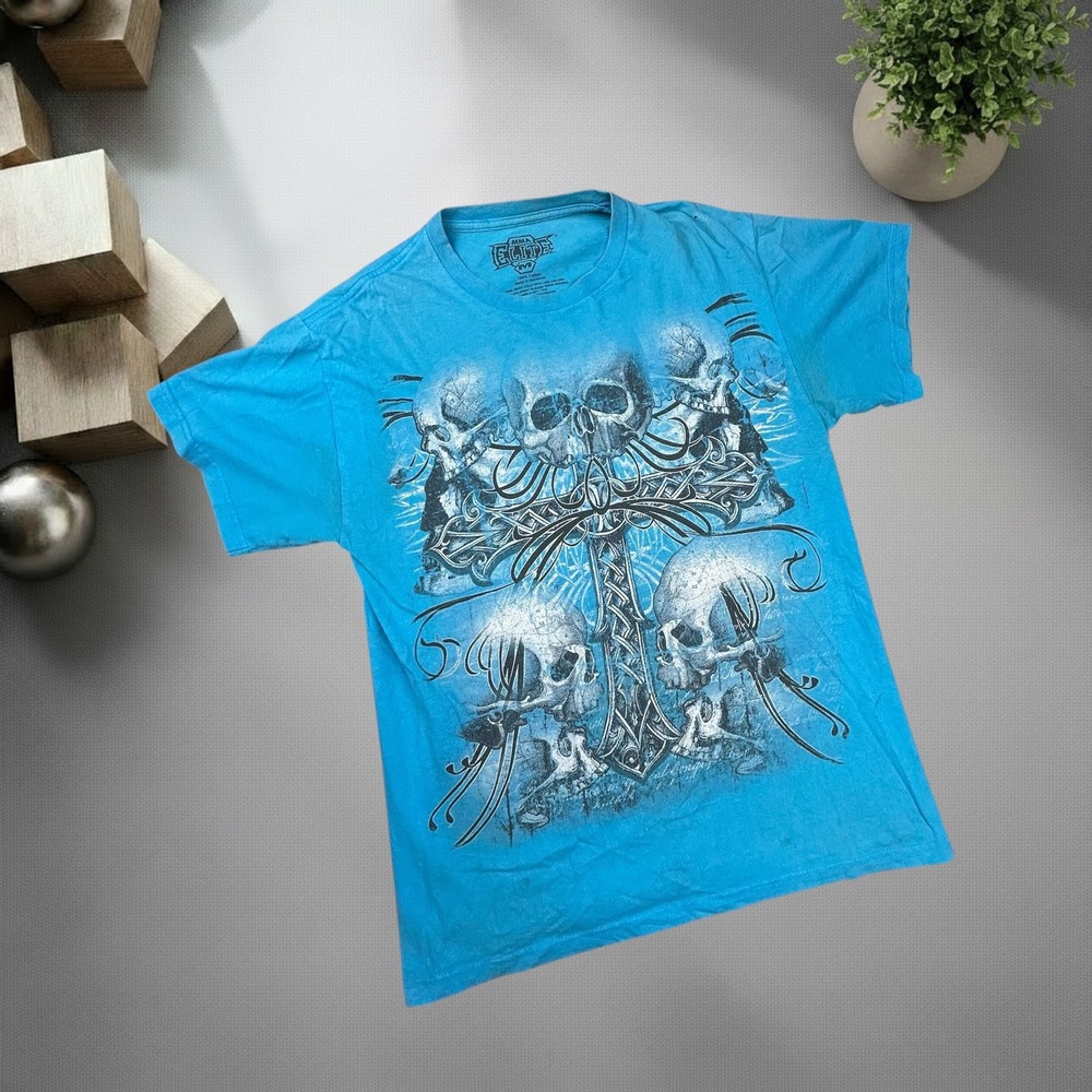 Vintage MMA Elite Skull Cross Graphic T-Shirt Blue Y2K Skater Grunge Size M